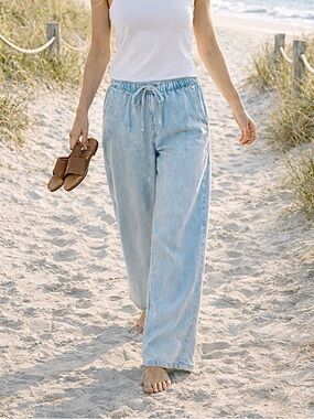 Soft Denim Drawstring Wide Leg Pants Coastal Lounge Trouser Light Wash 29x28